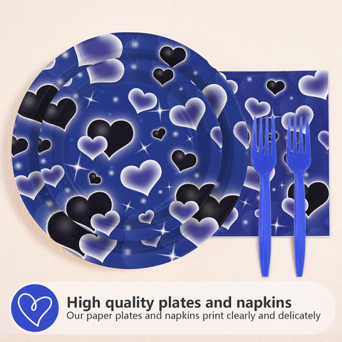 96 Pcs Blue Black Heart Party Plates and Napkins - Grencian