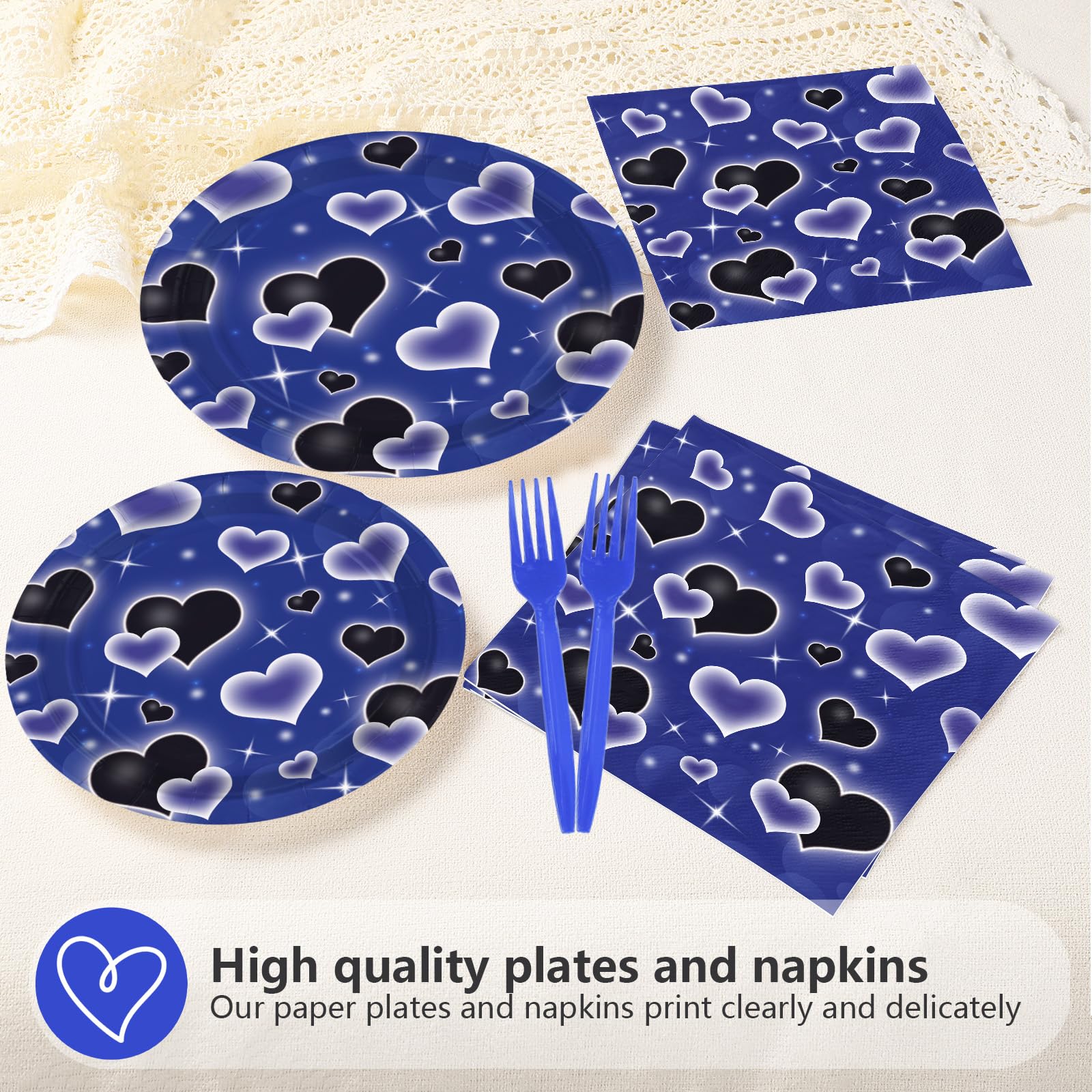 96 Pcs Blue Black Heart Party Plates and Napkins - Grencian