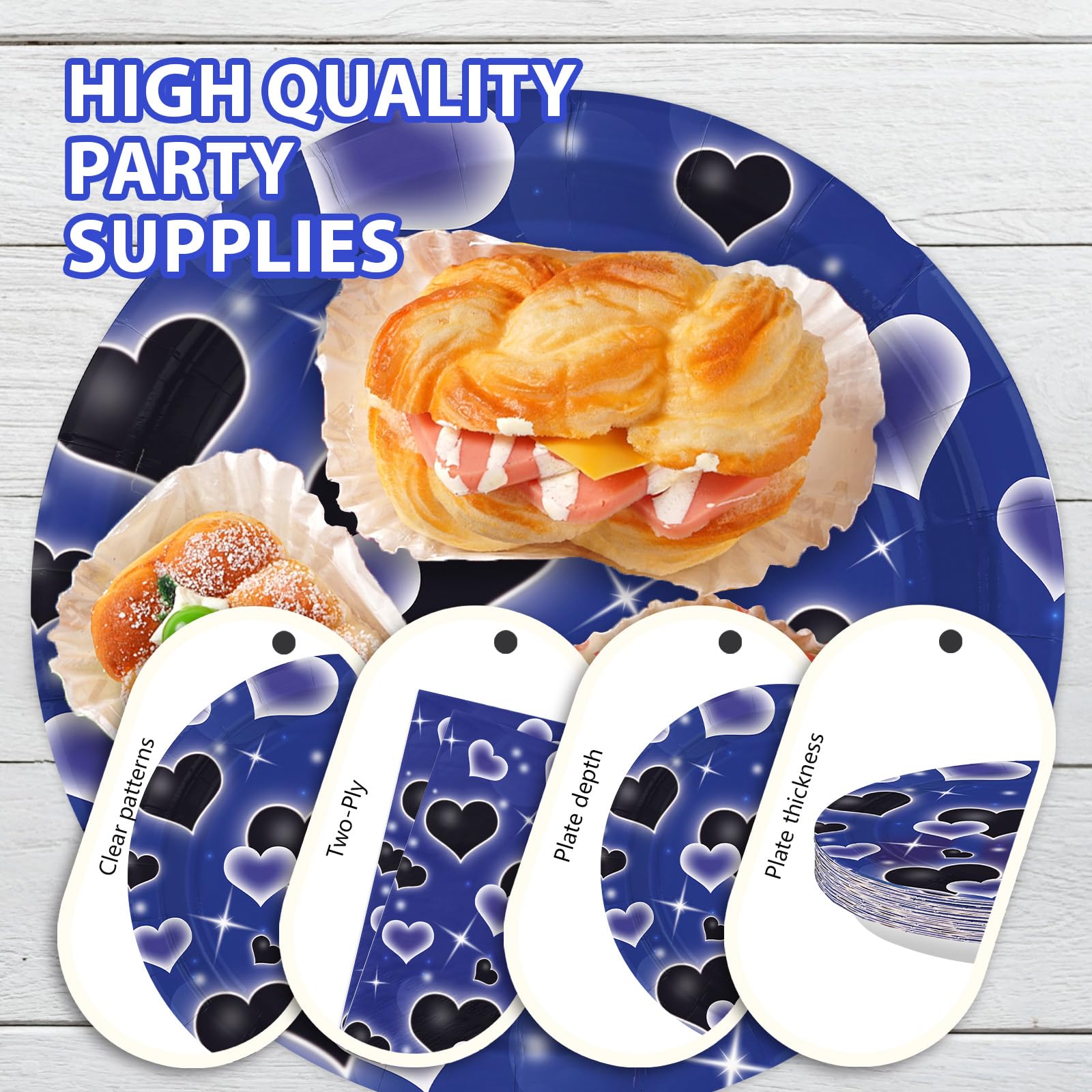 96 Pcs Blue Black Heart Party Plates and Napkins - Grencian