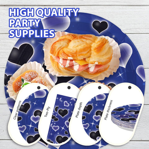 96 Pcs Blue Black Heart Party Plates and Napkins - Grencian