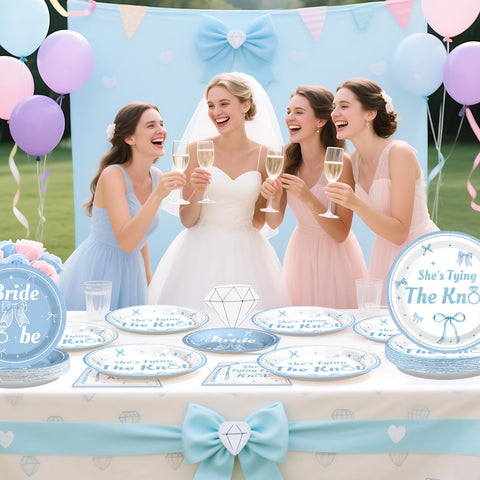 96 Pcs Blue Bow Bridal Shower Party Plates and Napkins - Grencian