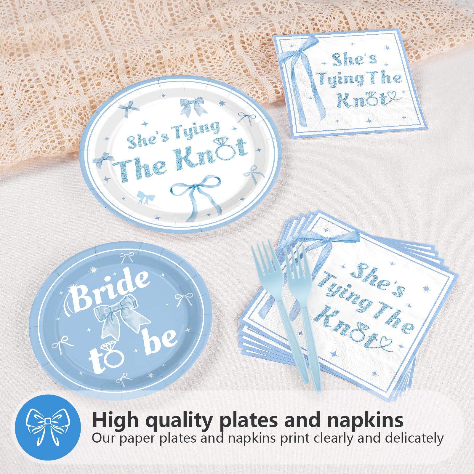 96 Pcs Blue Bow Bridal Shower Party Plates and Napkins - Grencian
