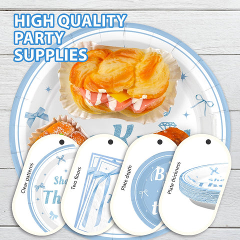 96 Pcs Blue Bow Bridal Shower Party Plates and Napkins - Grencian