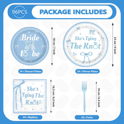 96 Pcs Blue Bow Bridal Shower Party Plates and Napkins - Grencian