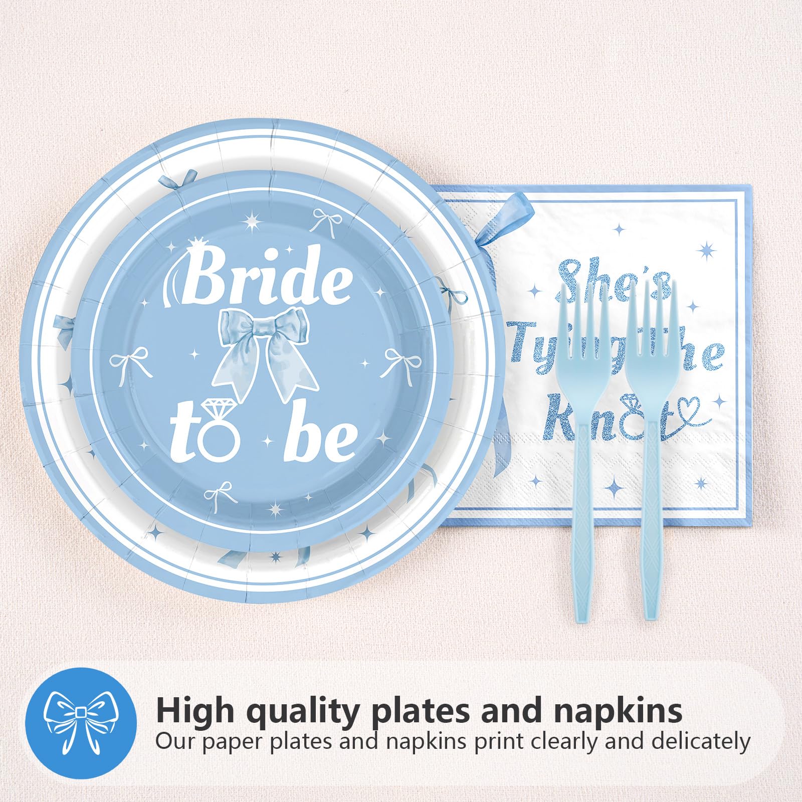96 Pcs Blue Bow Bridal Shower Party Plates and Napkins - Grencian