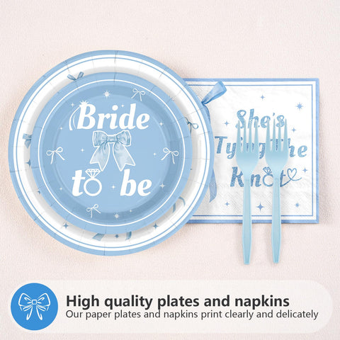 96 Pcs Blue Bow Bridal Shower Party Plates and Napkins - Grencian