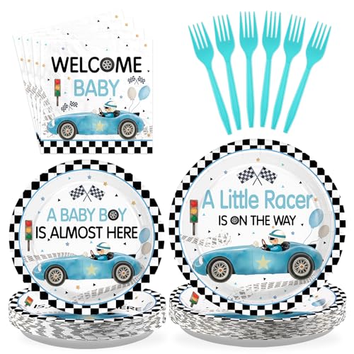96 Pcs Blue Car Baby Shower Party Plates and Napkins - Grencian