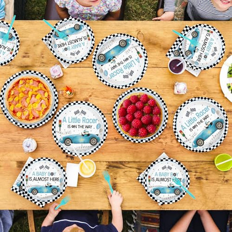 96 Pcs Blue Car Baby Shower Party Plates and Napkins - Grencian