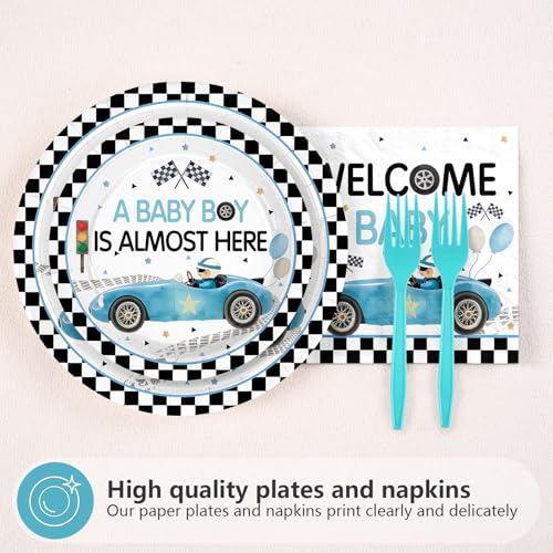 96 Pcs Blue Car Baby Shower Party Plates and Napkins - Grencian