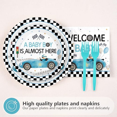 96 Pcs Blue Car Baby Shower Party Plates and Napkins - Grencian