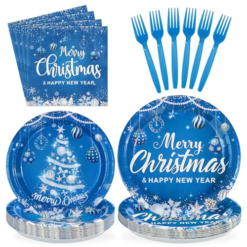 96 Pcs Blue Christmas Party Plates and Napkins - Grencian