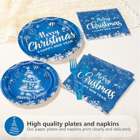 96 Pcs Blue Christmas Party Plates and Napkins - Grencian
