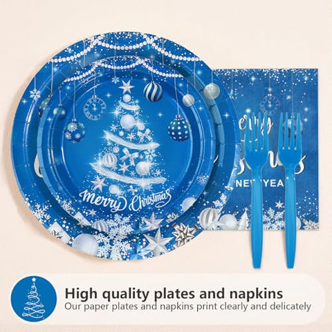 96 Pcs Blue Christmas Party Plates and Napkins - Grencian
