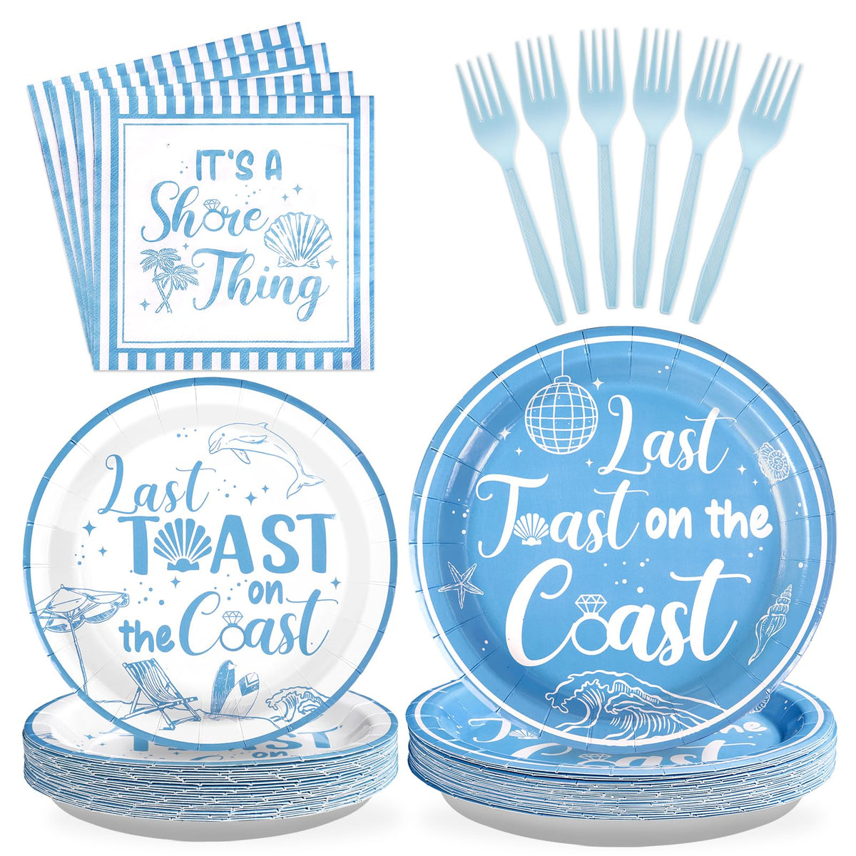 96 Pcs Blue Coastal Bachelorette Party Plates and Napkins - Grencian