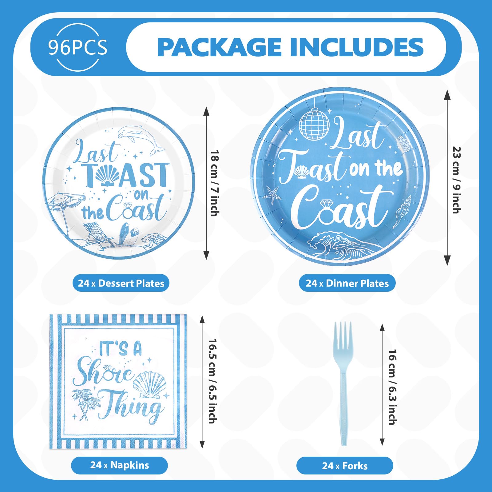 96 Pcs Blue Coastal Bachelorette Party Plates and Napkins - Grencian