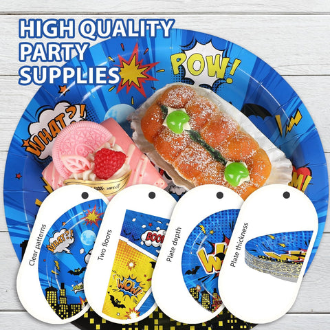 96 Pcs Blue Comic Hero Party Plates and Napkins - Grencian