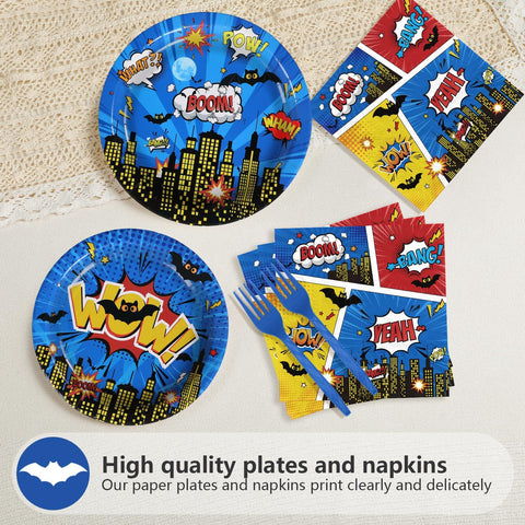 96 Pcs Blue Comic Hero Party Plates and Napkins - Grencian