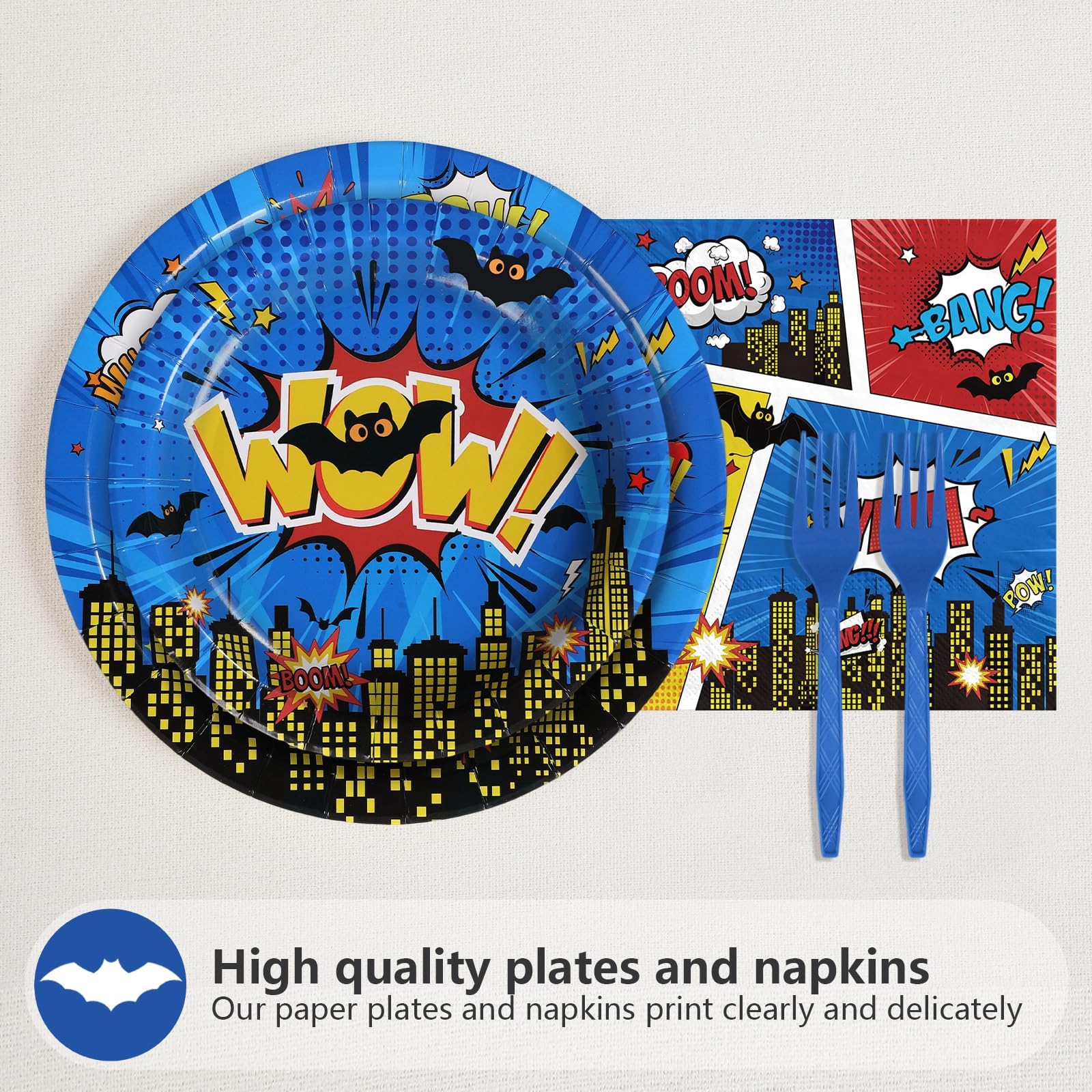 96 Pcs Blue Comic Hero Party Plates and Napkins - Grencian