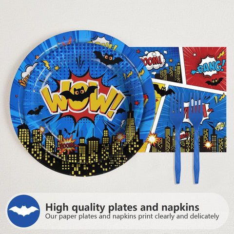 96 Pcs Blue Comic Hero Party Plates and Napkins - Grencian