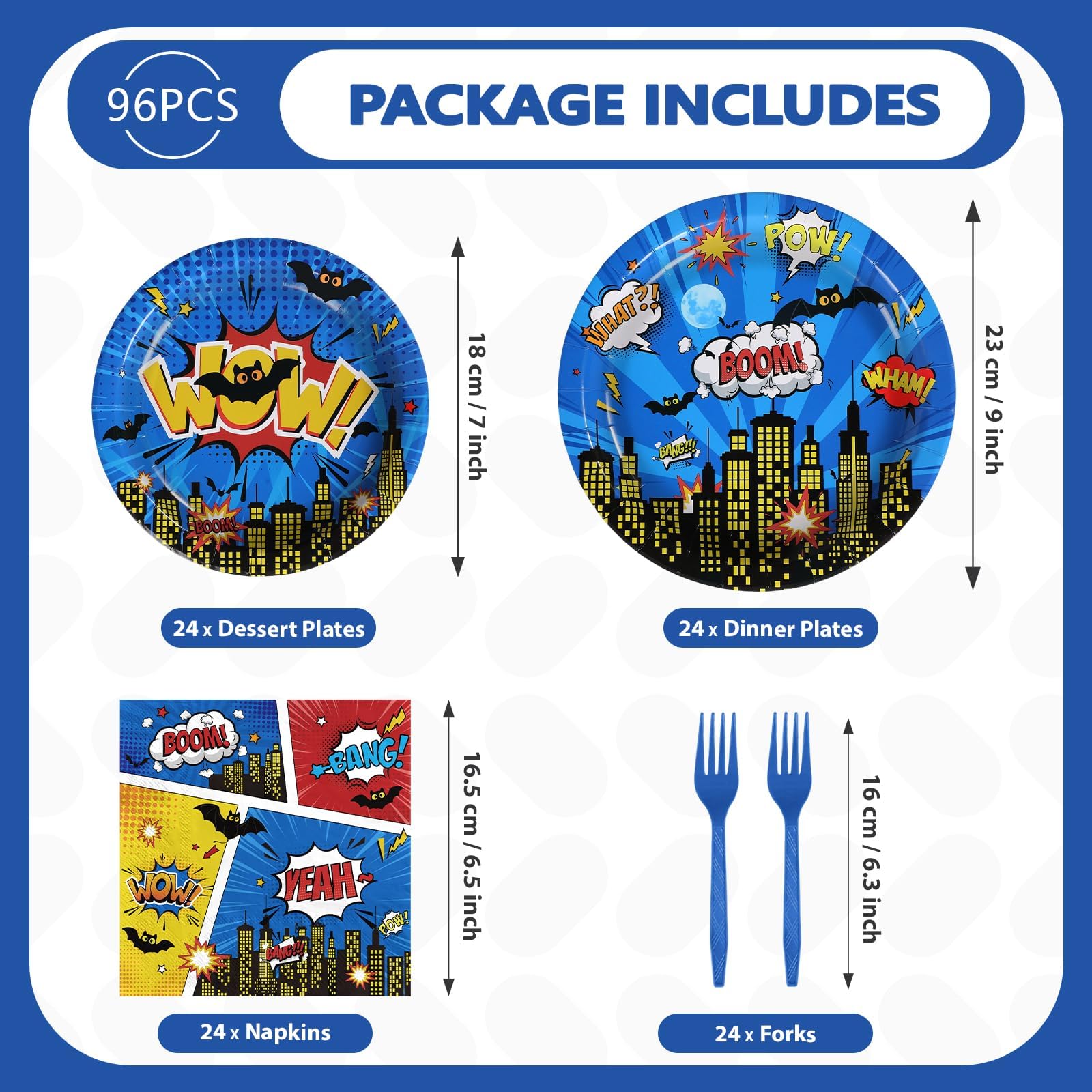 96 Pcs Blue Comic Hero Party Plates and Napkins - Grencian