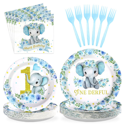 96 Pcs Blue Elephant 1st Birthday Party Plates and Napkins - Grencian