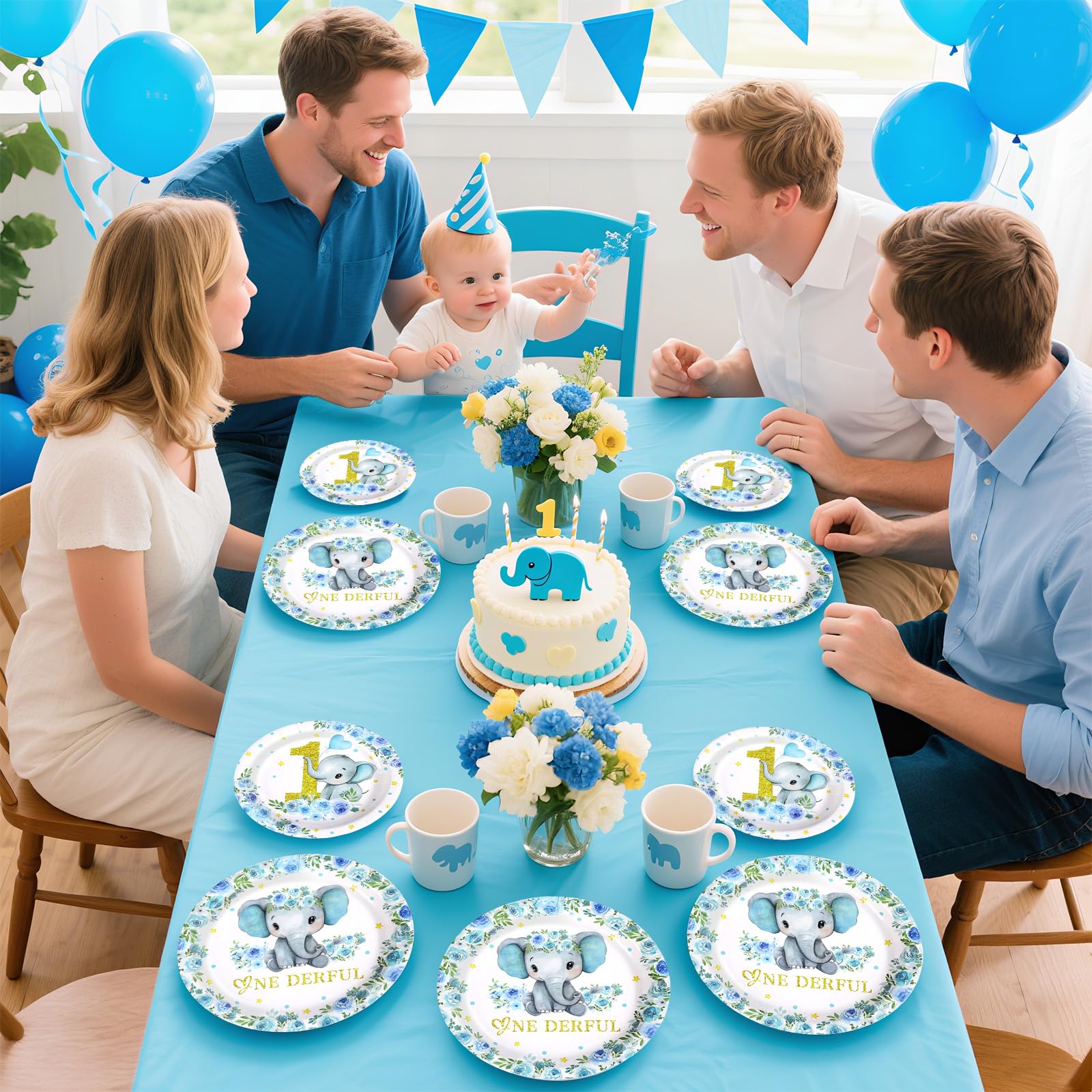 96 Pcs Blue Elephant 1st Birthday Party Plates and Napkins - Grencian