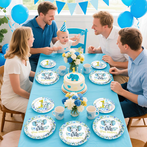 96 Pcs Blue Elephant 1st Birthday Party Plates and Napkins - Grencian