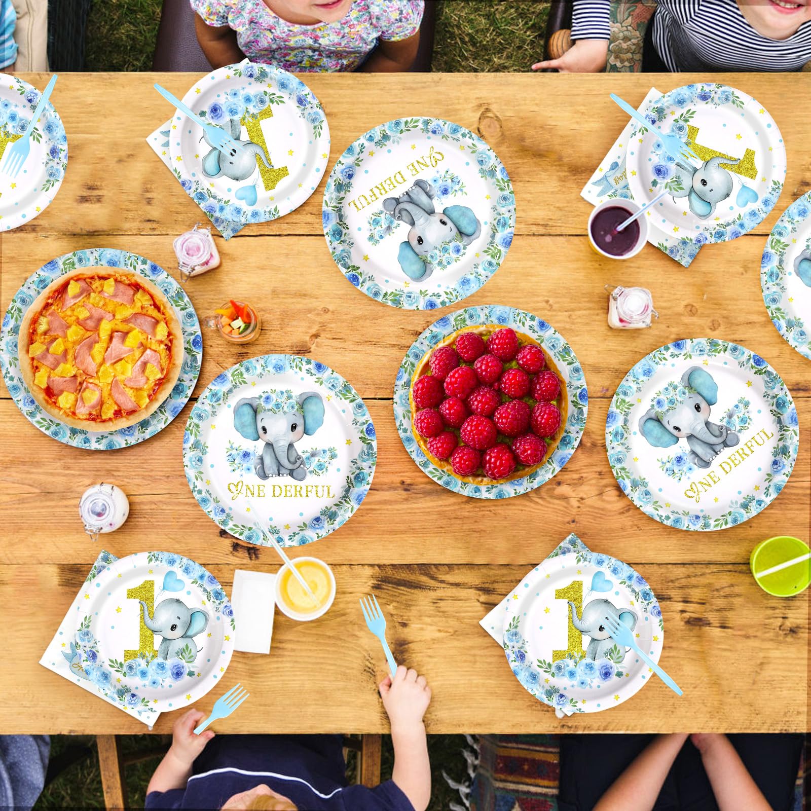 96 Pcs Blue Elephant 1st Birthday Party Plates and Napkins - Grencian