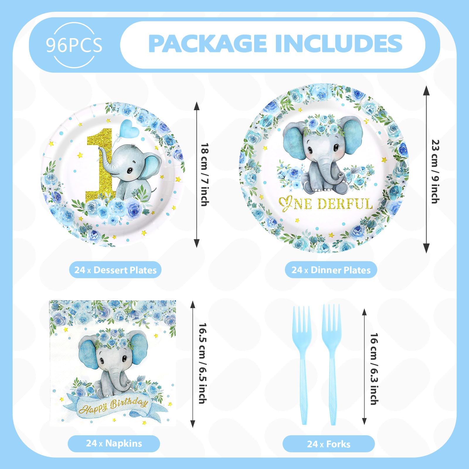 96 Pcs Blue Elephant 1st Birthday Party Plates and Napkins - Grencian
