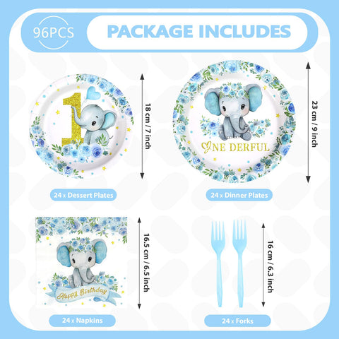 96 Pcs Blue Elephant 1st Birthday Party Plates and Napkins - Grencian