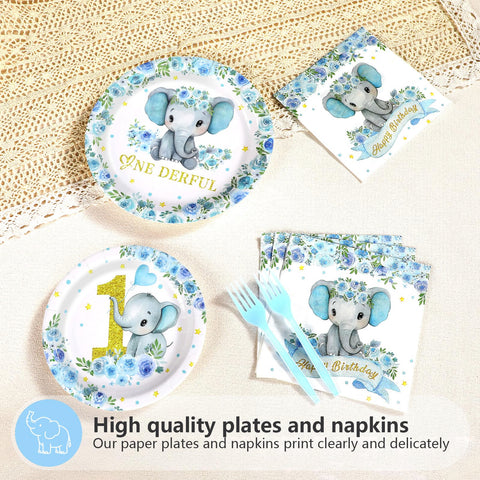 96 Pcs Blue Elephant 1st Birthday Party Plates and Napkins - Grencian