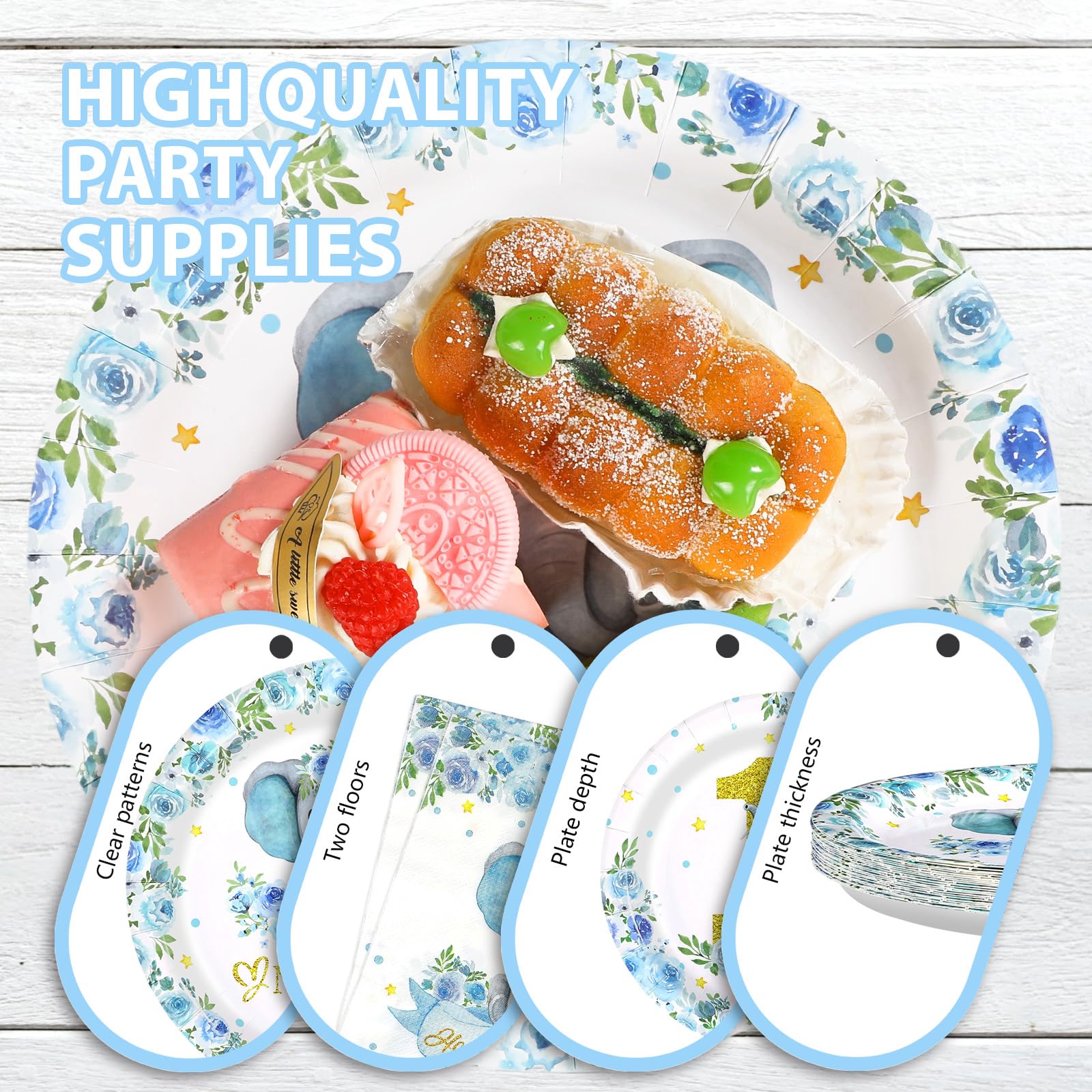 96 Pcs Blue Elephant 1st Birthday Party Plates and Napkins - Grencian