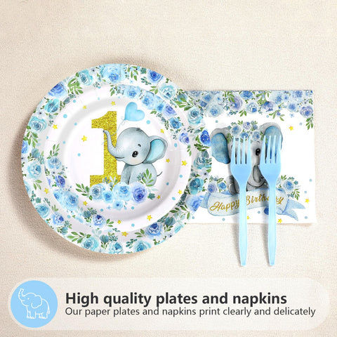 96 Pcs Blue Elephant 1st Birthday Party Plates and Napkins - Grencian