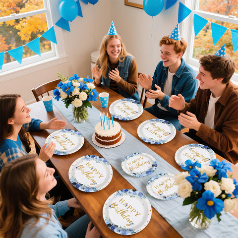 96 Pcs Blue Floral Birthday Party Plates and Napkins - Grencian