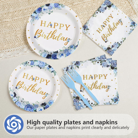 96 Pcs Blue Floral Birthday Party Plates and Napkins - Grencian