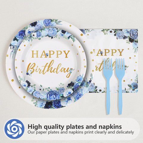 96 Pcs Blue Floral Birthday Party Plates and Napkins - Grencian