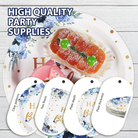 96 Pcs Blue Floral Birthday Party Plates and Napkins - Grencian