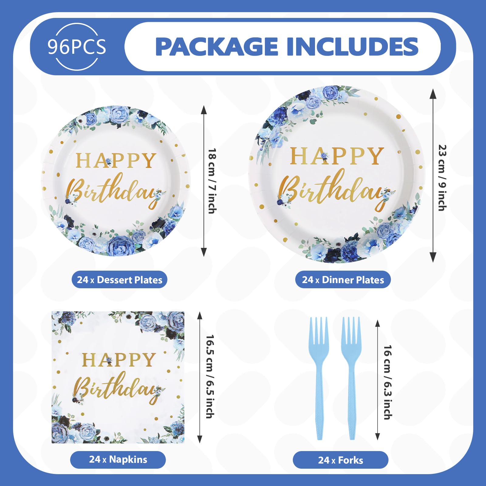 96 Pcs Blue Floral Birthday Party Plates and Napkins - Grencian