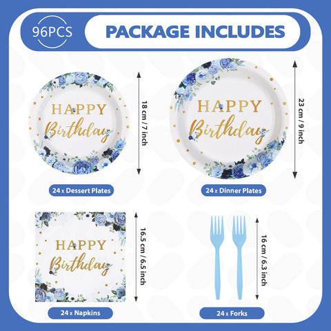 96 Pcs Blue Floral Birthday Party Plates and Napkins - Grencian