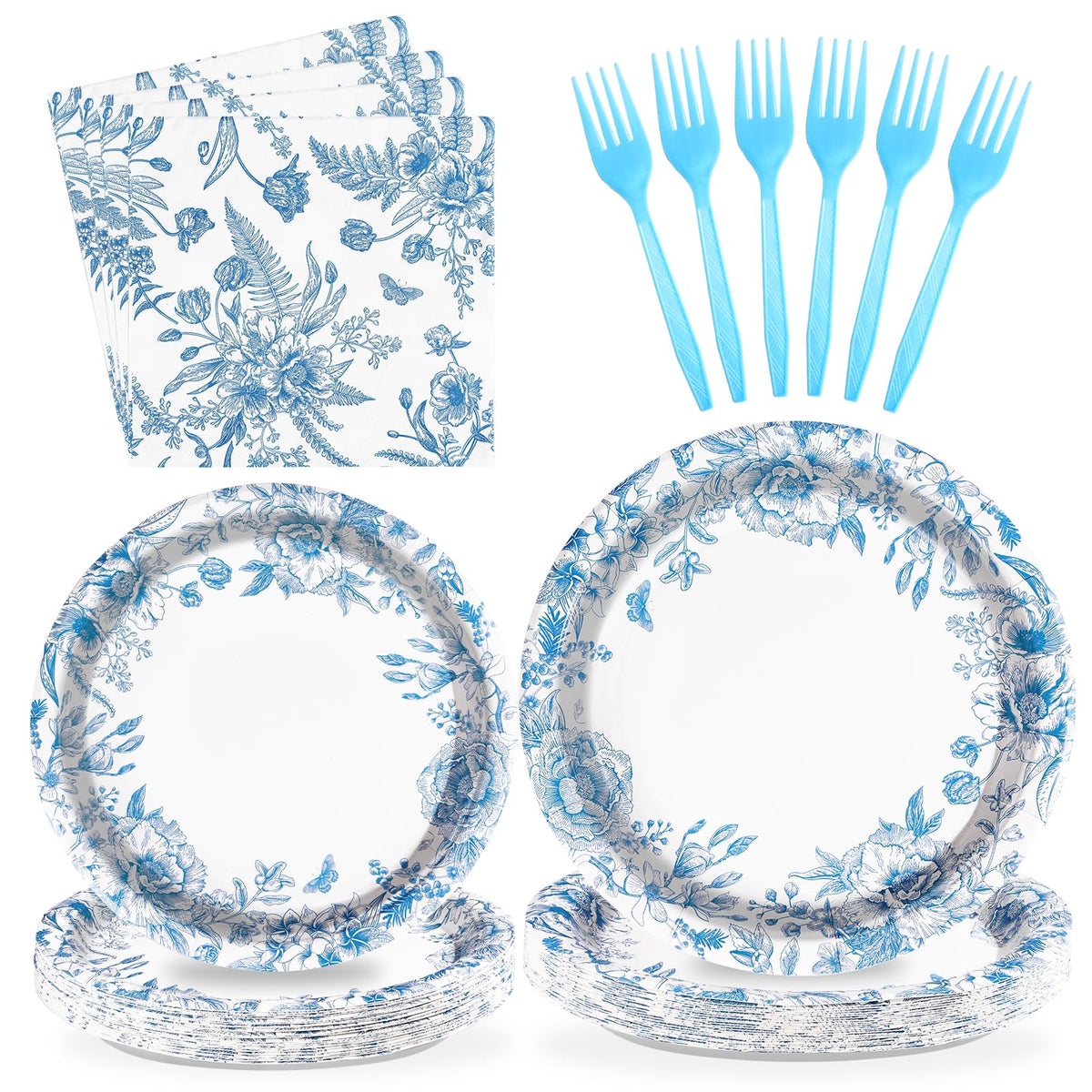 96 Pcs Blue Floral Party Plates and Napkins - Grencian