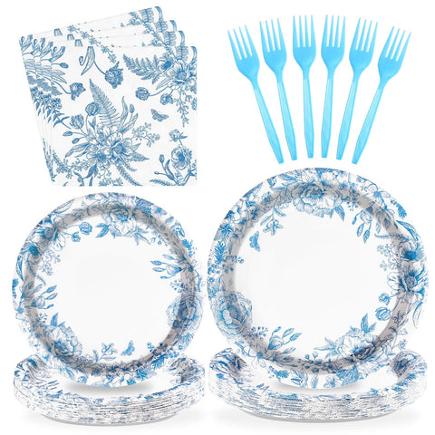 96 Pcs Blue Floral Party Plates and Napkins - Grencian