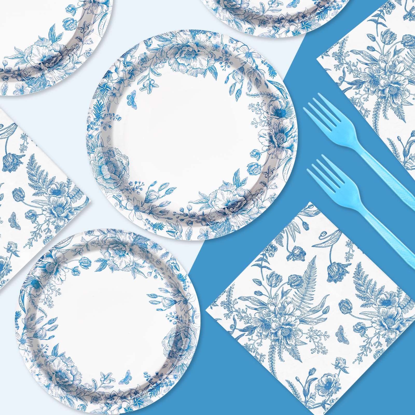 96 Pcs Blue Floral Party Plates and Napkins - Grencian