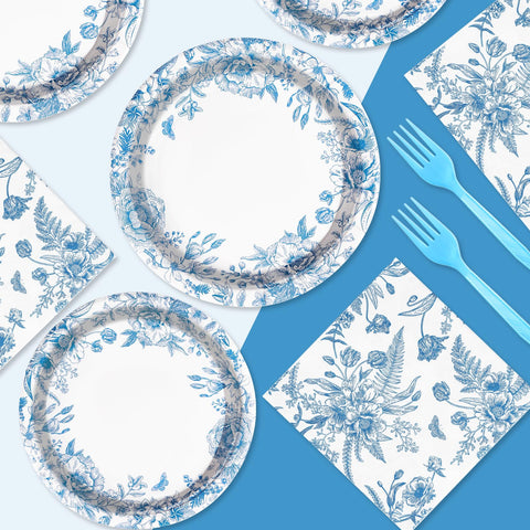 96 Pcs Blue Floral Party Plates and Napkins - Grencian