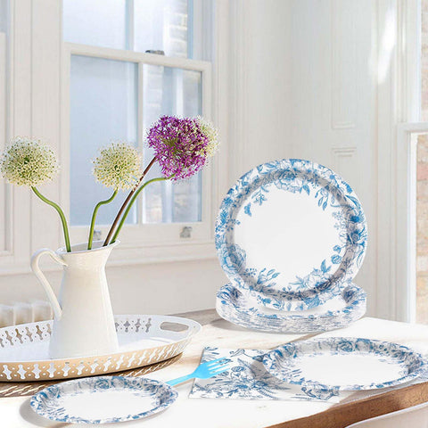 96 Pcs Blue Floral Party Plates and Napkins - Grencian