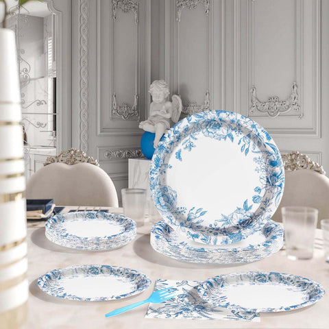 96 Pcs Blue Floral Party Plates and Napkins - Grencian