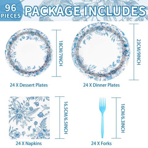 96 Pcs Blue Floral Party Plates and Napkins - Grencian
