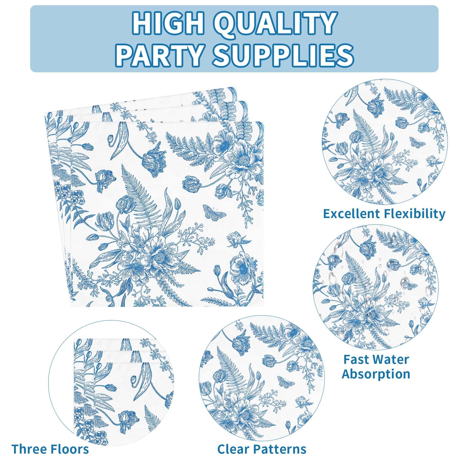 96 Pcs Blue Floral Party Plates and Napkins - Grencian