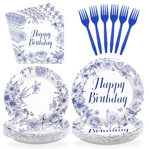96 Pcs Blue Flower Birthday Party Plates and Napkins - Grencian
