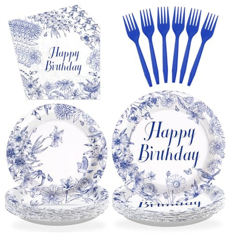 96 Pcs Blue Flower Birthday Party Plates and Napkins - Grencian