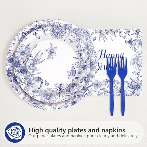 96 Pcs Blue Flower Birthday Party Plates and Napkins - Grencian